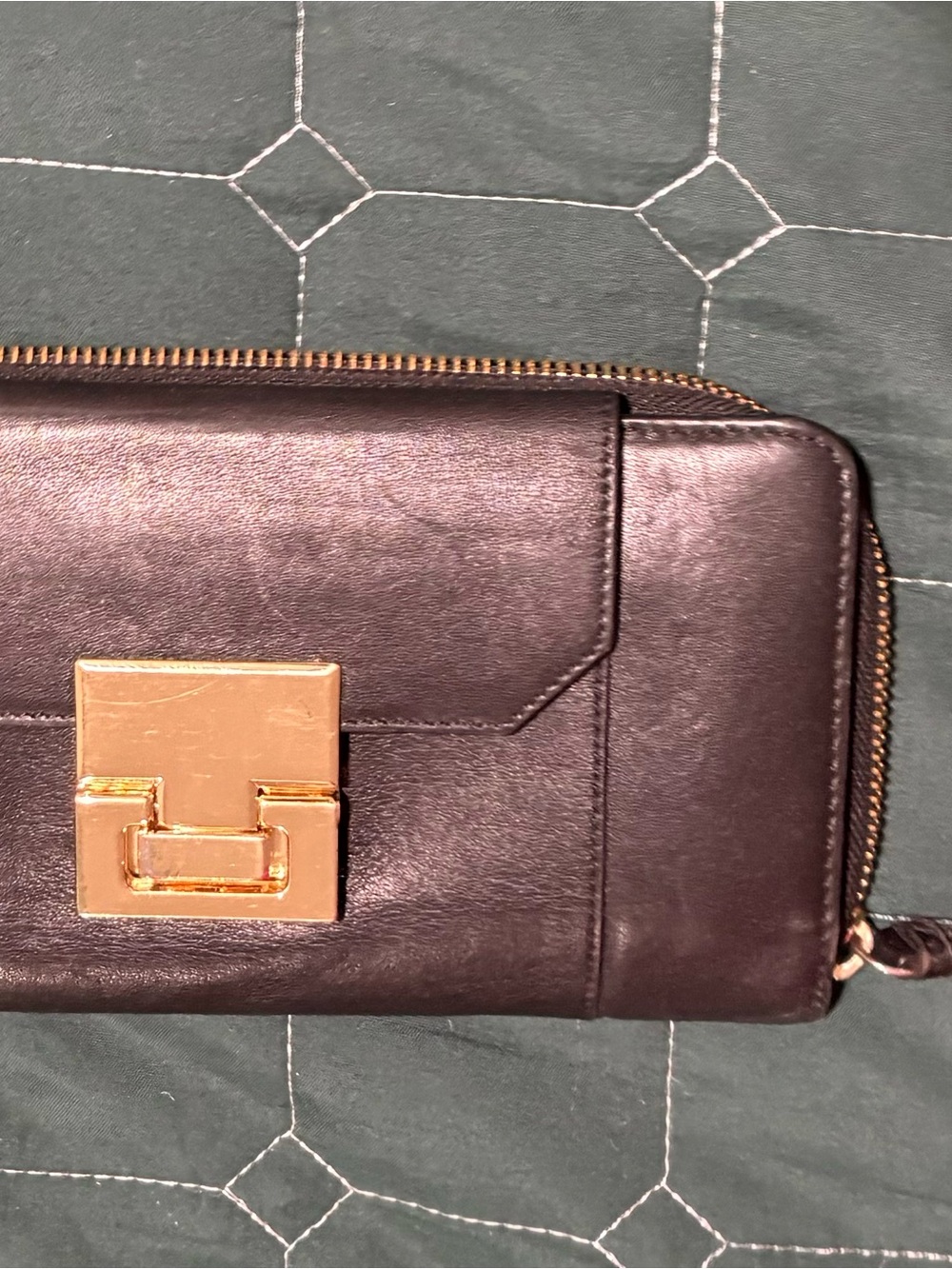 Metallic Plum Zip-Around Leather Wallet with Gold Turn-Lock